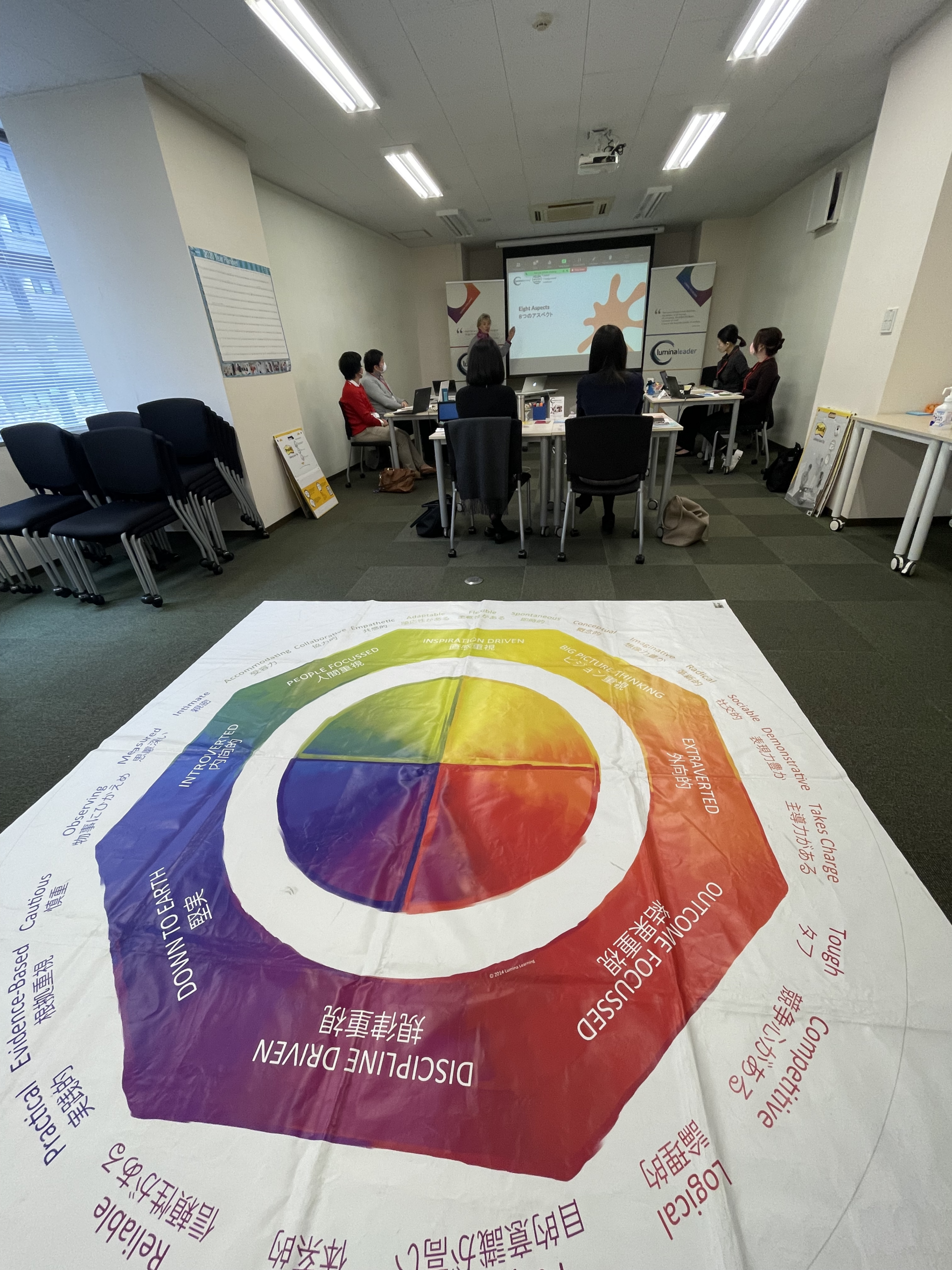 Nami Okazakiさんが参加された2023年度リーダーシップ研修グローバルマネージメントアカデミー(GMA)の対面での研修の様子。画面手前にはルミナラーニングジャパンのプログラムで使うマットが見える。