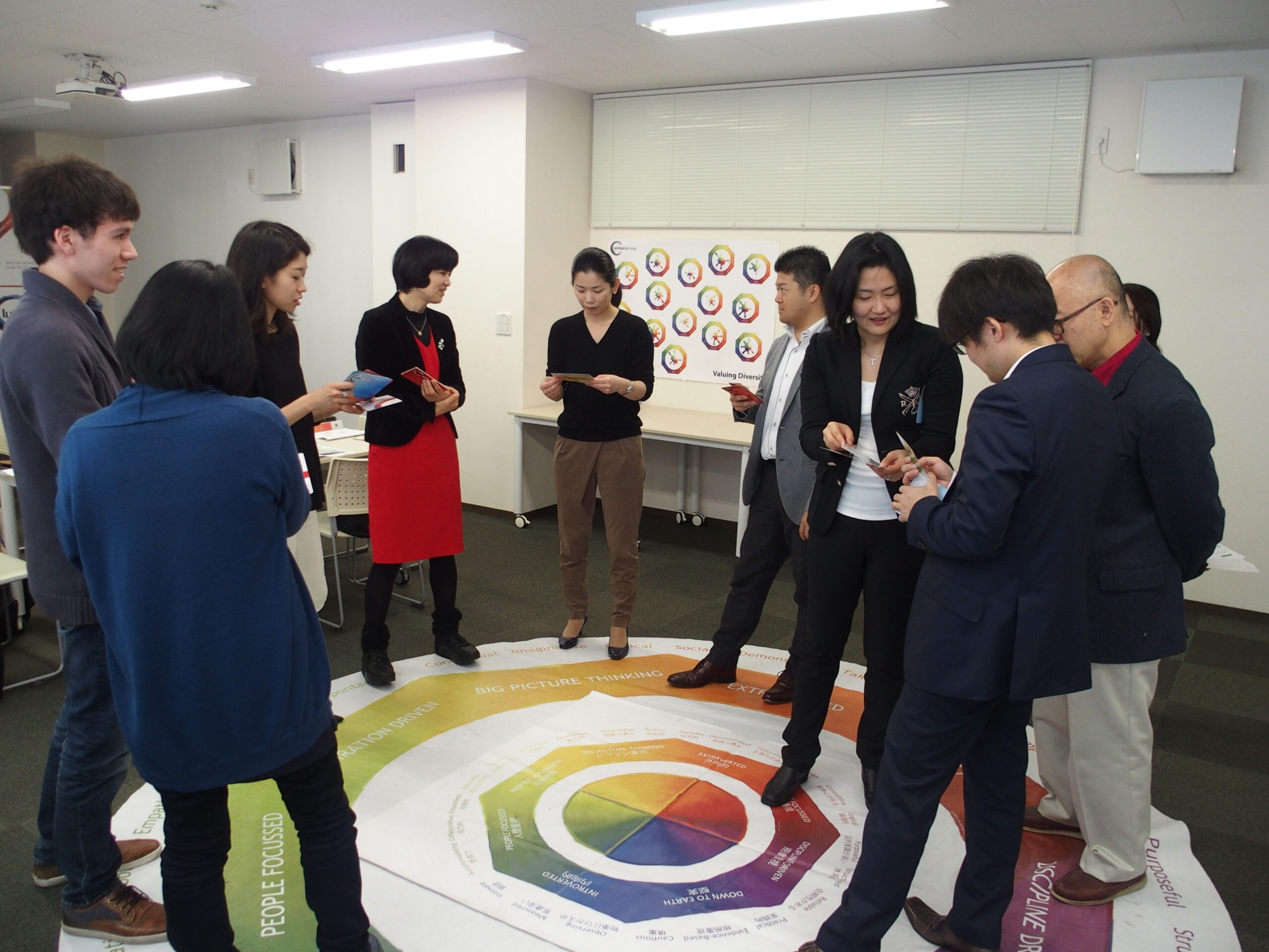 ルミナラーニングジャパンの研修で使用するマットの上でカードを使用したワークをする参加者の方々。